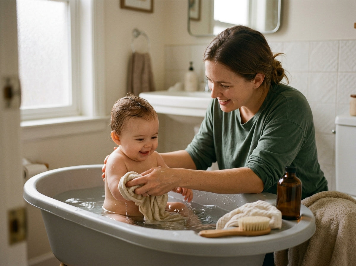 A parent gently bathing a happy baby in a warm, bright bathroom